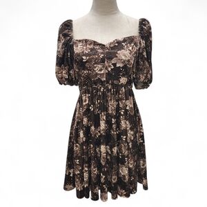 Blu Pepper Brown Velvet Puff Sleeve Floral Milkmaid Bustier Peasant Mini Dress M